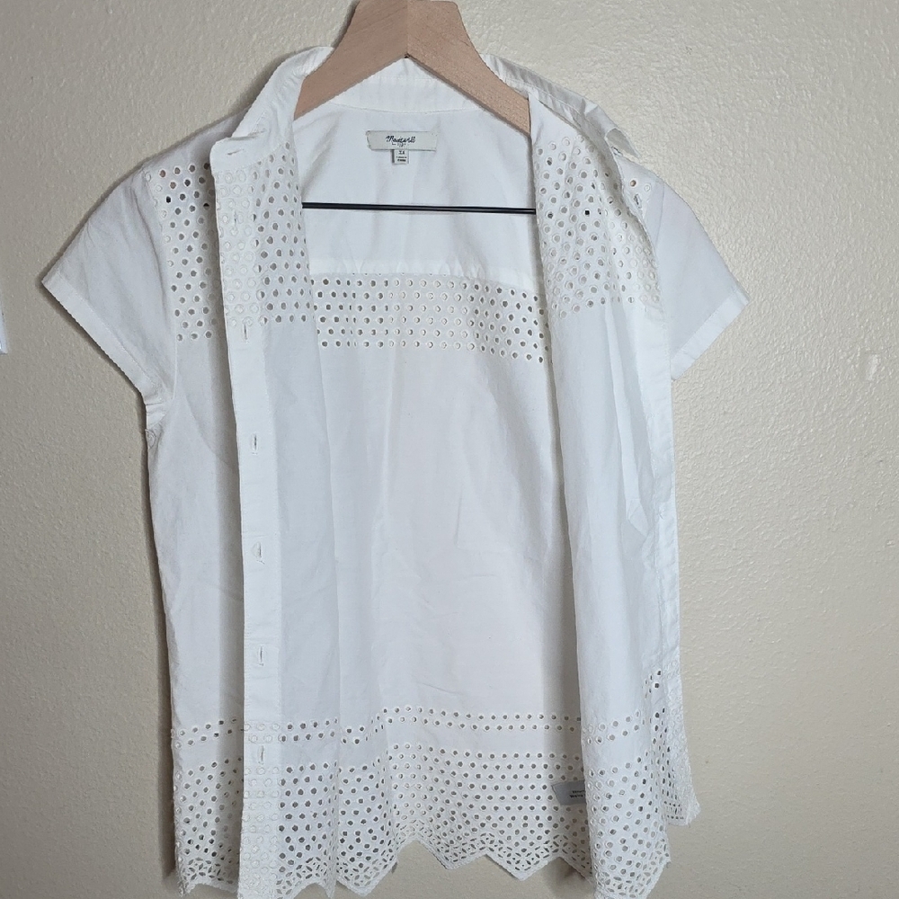 Madewell White Cotton Eyelet Embroidery Camp Shirt Shrunken Fit Scallop Hem XS - Picture 8 of 11